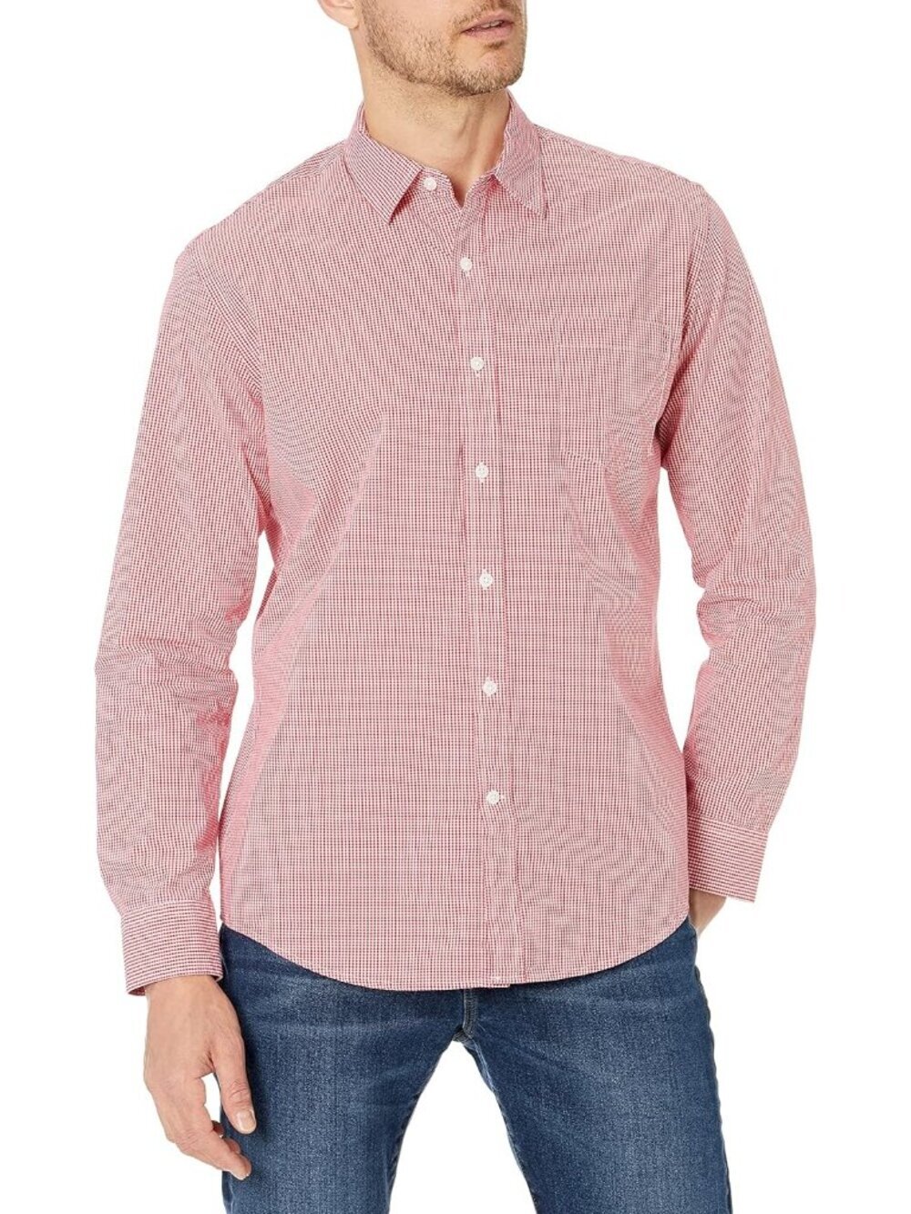 Men's Red Gingham 100% Cotton Imported Long-Sleeve Casual Poplin Shirt